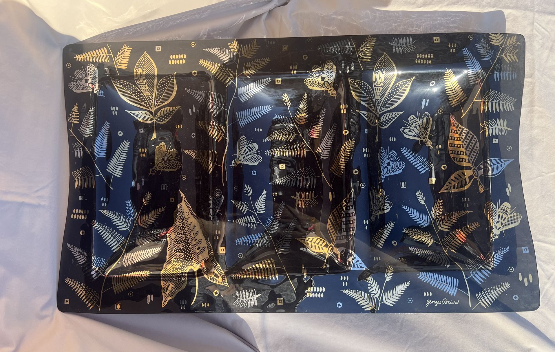 Vintage Georges Briard 22X13 Divided Glass Platter Tray Dish Black W/Gold & Silver