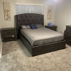 Gray, Tufted Queen Size Bed Frame, 1 Dresser, And Two Matching Night Stands