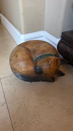 Carved Wood Sleeping Cat Figurine