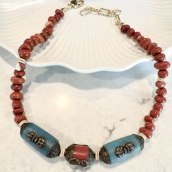 Natural Red Jasper Tibetan Turquoise Style Beaded Necklace Gold Tone Handmade