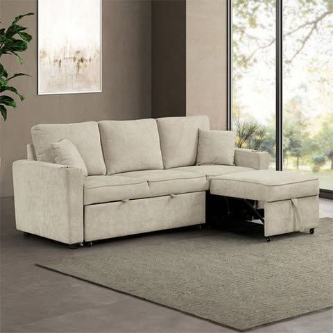 💎BEIGE FABRIC SOFA SLEEPER SECTIONAL PILL OUT BED SILLON CAMA💎