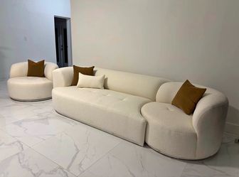 Cream Boucle Curved Sofa with Accent Chair