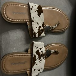 Pierre Dumas Tan and Cream Cow Print Sandals