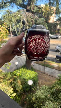 Ruby Red Cut Crystal Beer Stein with Pewter Lid