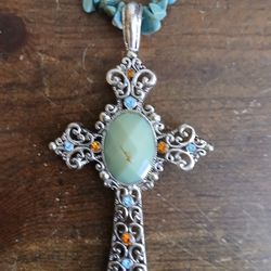 Blue/Green Costume Jewelry Necklace With Metal Cross With Gem Center