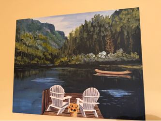 Original Acrylic Landscape Painting - Lake Scene with Adirondack Chairs