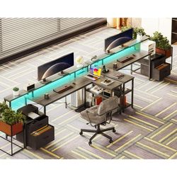 L Shaped Desk with File Drawer, 75" Reversible L Shaped Computer Desk with Power Outlet & LED Strip, Office Desk with Storage Shelves, Gaming Desk wit