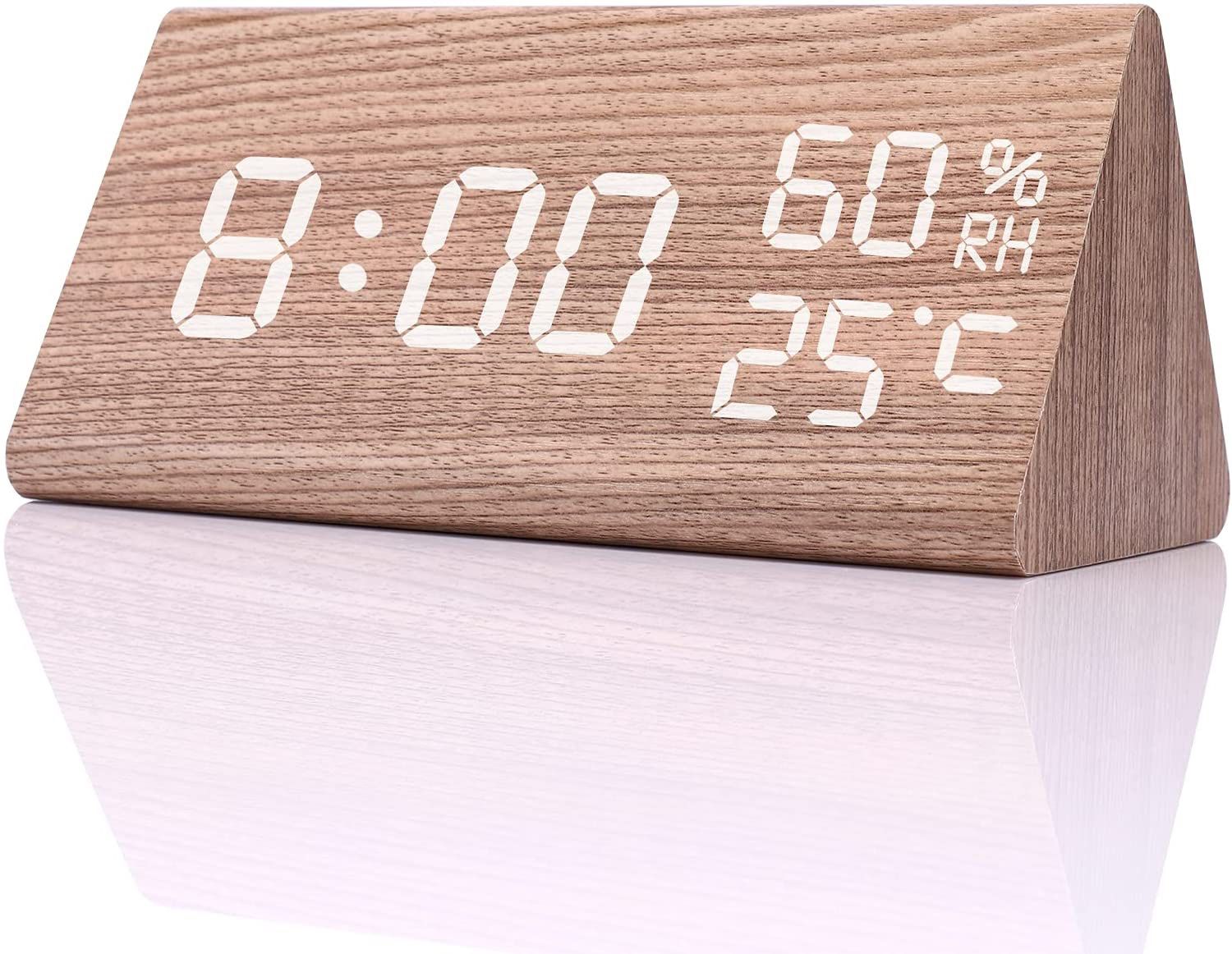 Wooden Digital Alarm Small Clock ,Electronic LED Time Date Display Adjustable Brightness,3 Alarm Settings, Humidity & Temperature Detect for Bedroom O