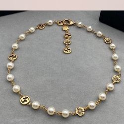 GG Pearl Necklace Gold GG Logo With Flower Design With Dust Bag