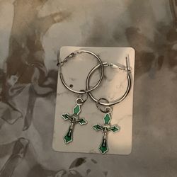 Green Cross Hoop Earrings 