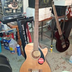 Bass Guitars, One FENDER acoustic Electric. The Other Is A Gretsch Bass. 