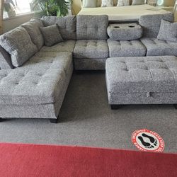 Brand New 108" x 82" Tweed Gray Linen Reversible Sectional With Center Console + Storage Ottoman