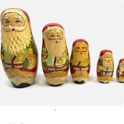 Vintage 5pc  Christmas Santa Claus Wooden Hand Painted  Russian Nesting Doll