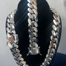 👑14K Stamped Silver White Gold Plated Miami Cuban Set Chain & Bracelet Heavy Premium Quality 👑