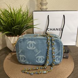 Blue Denim Crossbody Bag With Chain