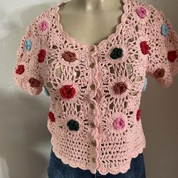Sabrina Tachdjian with Fabrique Alice Handcrafted Flora Crochet Top in Cotton Knit new size large  can fit size small new  crochet top with flower det