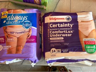 New unopened packs of women's absorbent underwear. 13-count pack of Always Discreet size XXL (26W+) OR 14-count pack of Walgreens Certainty size XL