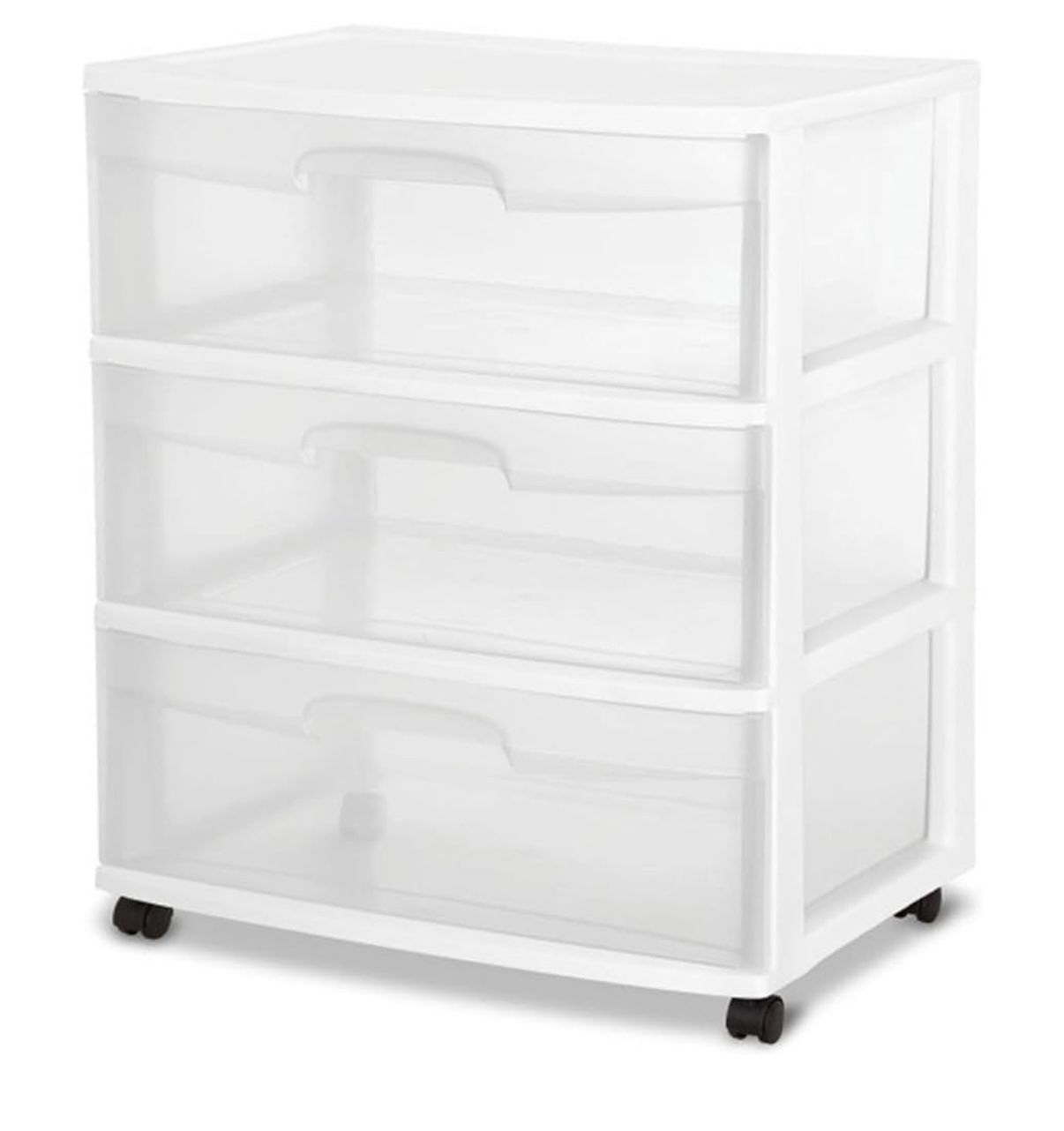 Sterilite Wide 3 Drawer Storage Cart, Plastic Rolling Cart with Wheels to Organize Clothes in Bedroom, Closet, White with Clear Drawers, 3-Pack