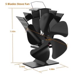 5 Blades Wood Stove Fan Newly designed Small Heat Powered Fans Fireplace Fan for Wood/Log Burner/Fireplace(Black)