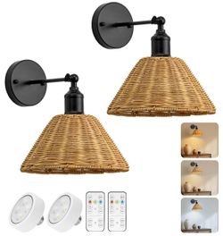 2 Pack Battery Operated Bamboo Rattan Wall Sconce, Black Vintage Rattan Dimma