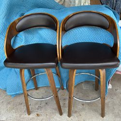 Pair of genuine, leather seat barstools