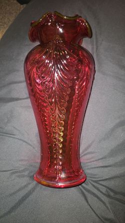 Vintage Fenton Cranberry Pulled Feather Art Glass Vase 11" UV Reactive
