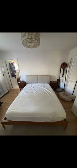 Free Wood bed frame with cream beige headboard