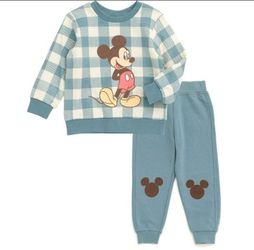NWT Disney Mickey Mouse Fleece Sweatshirt and Jogger Pants Outfit Set Buffalo Plaid baby 0 3 months top shirt