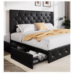 King Size Faux Leather Platform Bed w/ 4 Storage Drawers – Brand New