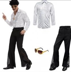 #7) KDAFJLKD 3 Pcs 70s Disco Outfit Costume for Men Dance Bell Bottom Pants Retro Shirts Moustache Sunglasses Wigs Necklace (Silver, Small)