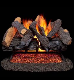 24” hand painted ceramic fireplace logs and rack set