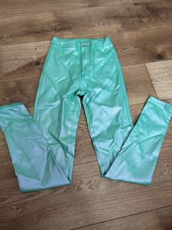 metallic mint or iridescent high-rise skinny pants / disco jeans,