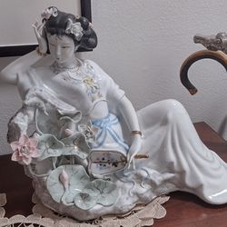 Vintage Japanese Geisha Holding Fan Hand Painted Amazing Details 15" L 11" T