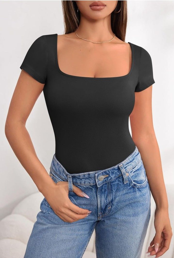 Women's 2024 Summer Short Sleeve Tops Square Neck Slim Fit Y2k Casual Basic Shirts Tee