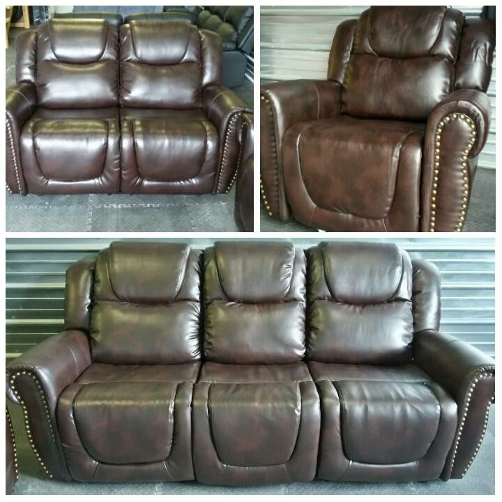 Brand New Brown Leather Nail Studded Reclining Sofa Loveseat & Chair