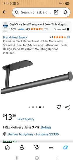 Brand: NestEasely
4.1
4.1 out of 5 stars
(9)
Premium Black Paper Towel Holder Made with Stainless Steel for Kitchen and Bathrooms: Sleek Design, Bend-