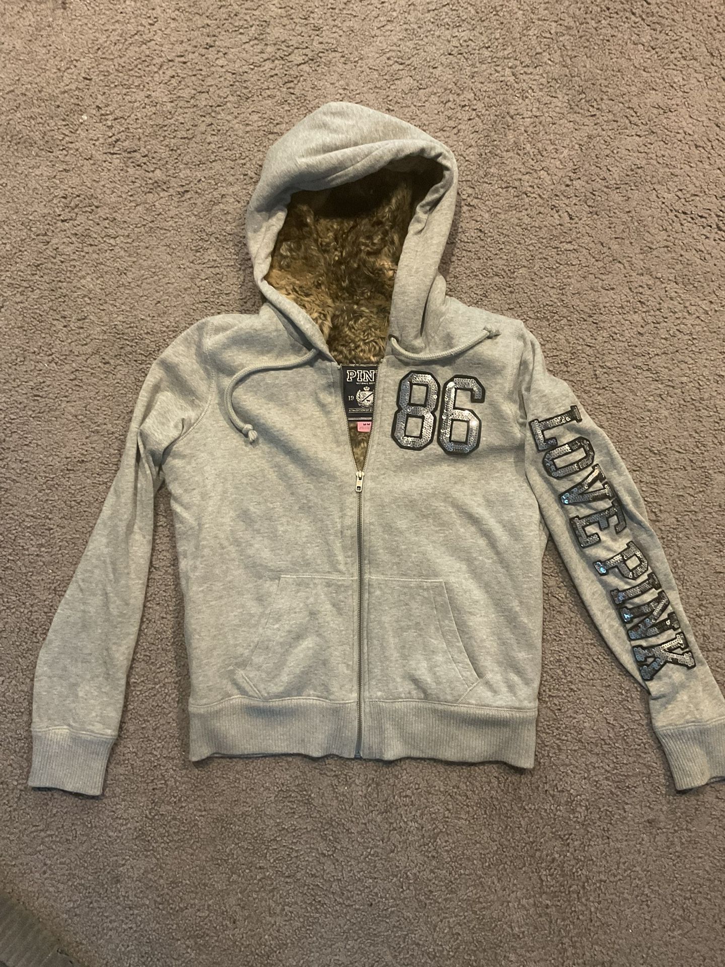 VS Victoria’s Secret PINK VTG Faux Fur Bling Sequin Hoodie Jacket Sweatshirt Y2K sz Medium, RARE