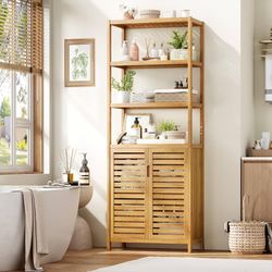 66" Tall Bathroom Storage Cabinet, Natural Bamboo Cabinet, for Narrow Bathroom Floor Cabinet with 2 Doors & 4-Tier Open Shelves, Corner Freestanding O