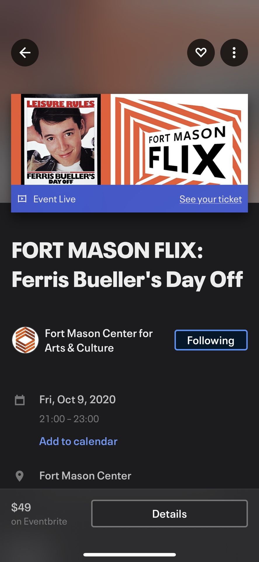 Fort Mason Flix drive in movie ticket
