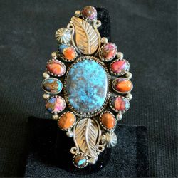 Huge Spiny Oyster Turquoise Statement Sterling Silver Adjustable Ring Native ?