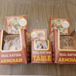 1976 Nasta Real Rattan Armchair & Table Lot For Toy Barbie Dolls 