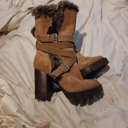 Faux Fur Leather Suede Womens Size 7 Boots