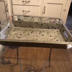 Vintage Made in Mexico Ornate Hammered Tin over Wood Folk Art Tray:
