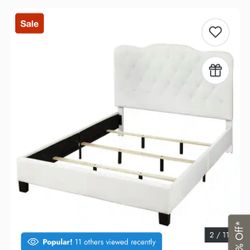 Full White upholstered tufted bed frame and full mattress