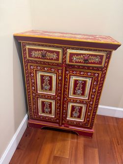 Vintage Hand Painted Red Floral Cabinet Solid Wood Indian Artisan Accent Storage