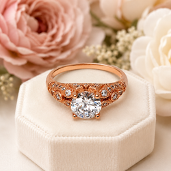 Rose Gold-Plated .925 Sterling Silver Round Cubic Zirconia Filigree Ring Sz 7
