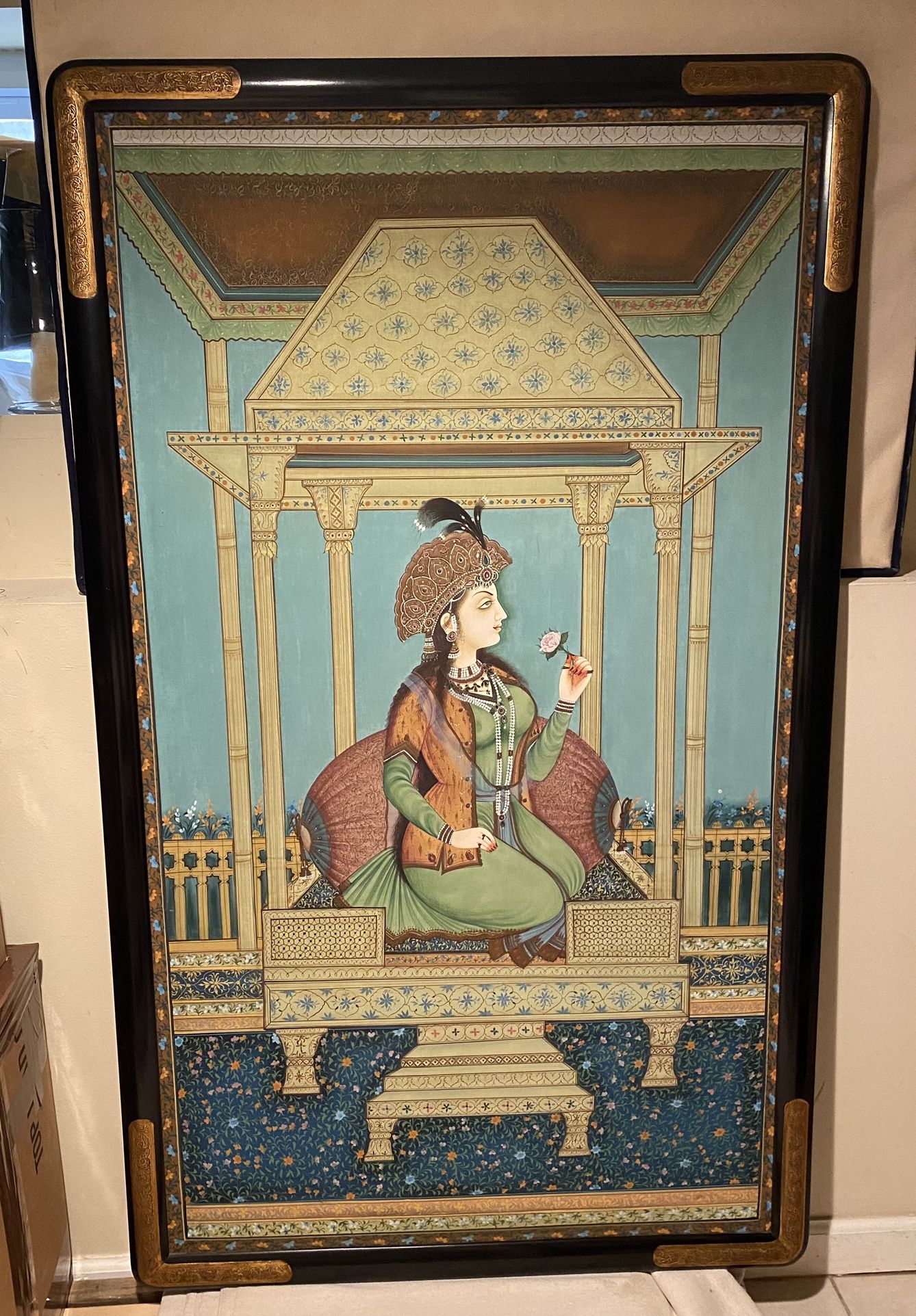 FINE PAINTING VINTAGE 1970s ART OF INDIAN WOMAN PRINCESS ON HANDMADE SILK - HEIGHT 59” - WIDTH 35” $1,150