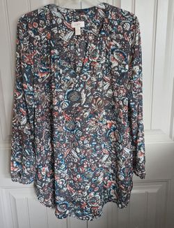 BEAUTIFUL ✨️ANN TAYLOR LOFT ~Paisley Floral Print ~with a BOHEMIAN FLAIR 💫Sheer Blouse Women's Size:Large (L), Long Sleeve V Neck.