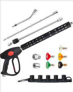 Pressure Washer Gun with Extension Wand, 30 Degree Curved Rod, M22 15mm or M22 14mm Fitting, 5 Nozzle Tips, 4000 PSI