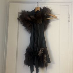 Leather Sleeveless Jacket/top With Fur Hoodie And Pockets 